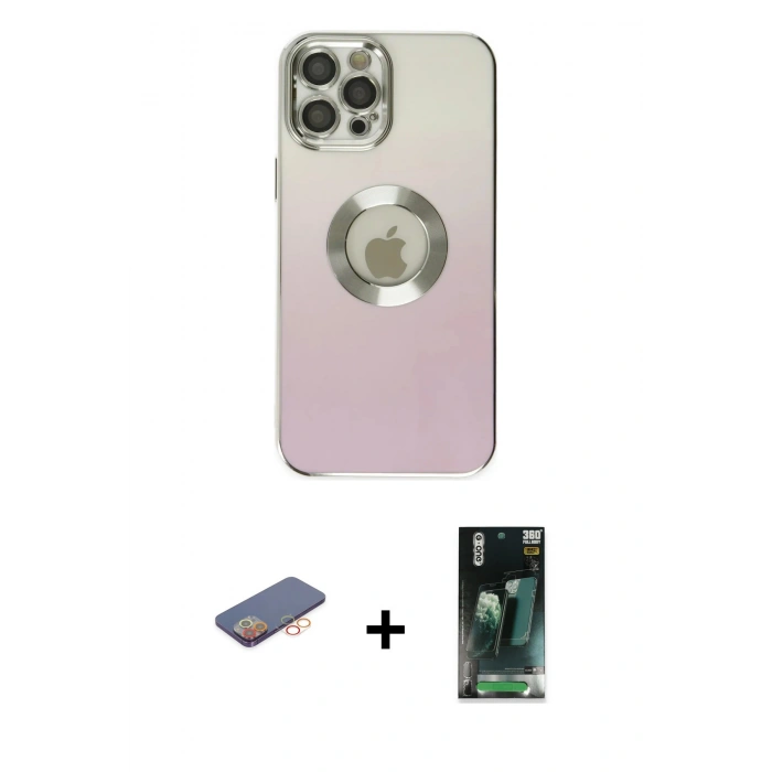 MARSİLYAN™- iPhone 12 Pro Kılıf Kutup Yansıma Özel Seri - Şeffaf 360 Full Body Arka Koruyucu + Renkli Kamera Lens Koruma Cam - TU