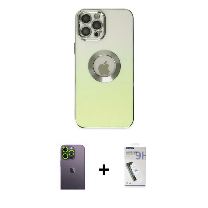 MARSİLYAN™- iPhone 12 Pro Kılıf Kutup Yansıma Özel Seri - Şeffaf Uv Polymer Nano Ekran Koruyucu + Neon Fosforlu Kamera Lens - YL