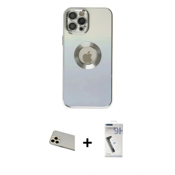 MARSİLYAN™- iPhone 12 Pro Kılıf Kutup Yansıma Özel Seri - Şeffaf Uv Polymer Nano Ekran Koruyucu + Rainbow Kamera Lens Koruma Cam - GD