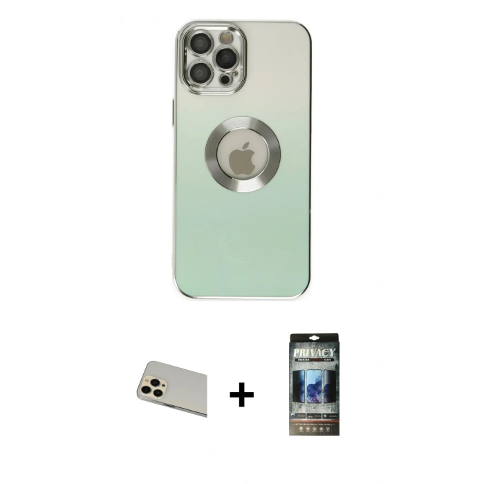MARSİLYAN™- iPhone 12 Pro Kılıf Kutup Yansıma Özel Seri - Siyah 34D Hayalet Izgaralı Cam + Rainbow Kamera Lens Koruma Cam - GD
