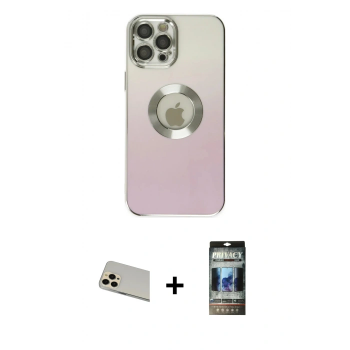 MARSİLYAN™- iPhone 12 Pro Kılıf Kutup Yansıma Özel Seri - Siyah 34D Hayalet Izgaralı Cam + Rainbow Kamera Lens Koruma Cam - GD