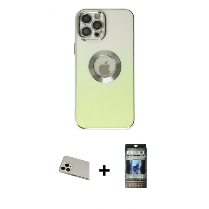 MARSİLYAN™- iPhone 12 Pro Kılıf Kutup Yansıma Özel Seri - Siyah 34D Hayalet Izgaralı Cam + Rainbow Kamera Lens Koruma Cam - GD