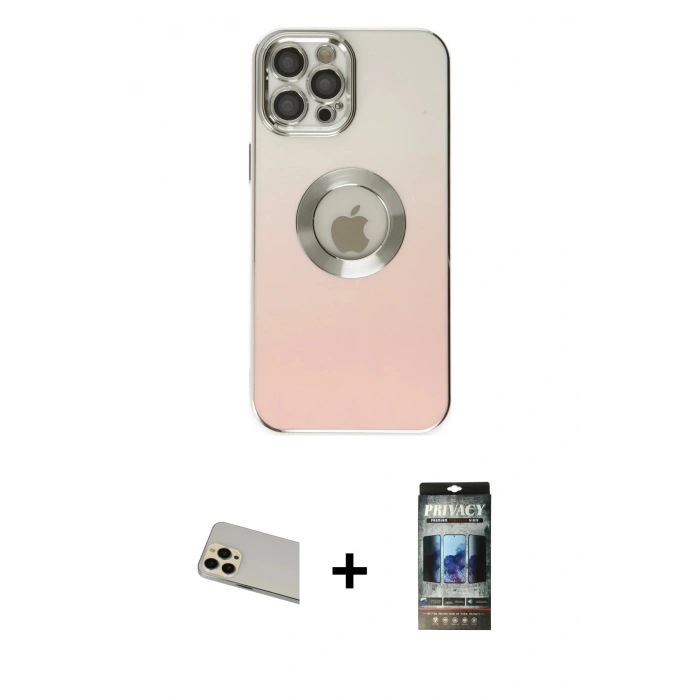 MARSİLYAN™- iPhone 12 Pro Kılıf Kutup Yansıma Özel Seri - Siyah 34D Hayalet Izgaralı Cam + Rainbow Kamera Lens Koruma Cam - GD