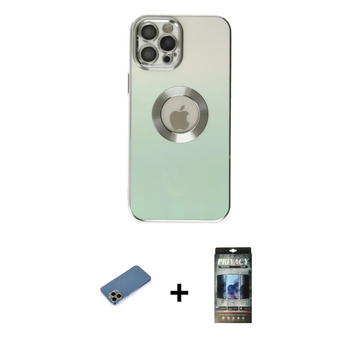 MARSİLYAN™- iPhone 12 Pro Kılıf Kutup Yansıma Özel Seri - Siyah 34D Hayalet Izgaralı Cam + Shine Kamera Lens Koruma Cam - GD