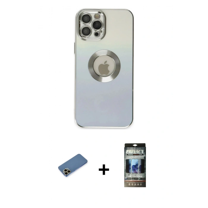 MARSİLYAN™- iPhone 12 Pro Kılıf Kutup Yansıma Özel Seri - Siyah 34D Hayalet Izgaralı Cam + Shine Kamera Lens Koruma Cam - GD