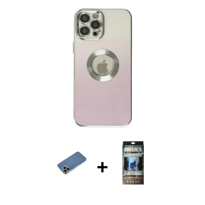 MARSİLYAN™- iPhone 12 Pro Kılıf Kutup Yansıma Özel Seri - Siyah 34D Hayalet Izgaralı Cam + Shine Kamera Lens Koruma Cam - GD