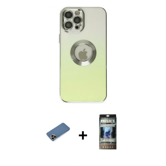 MARSİLYAN™- iPhone 12 Pro Kılıf Kutup Yansıma Özel Seri - Siyah 34D Hayalet Izgaralı Cam + Shine Kamera Lens Koruma Cam - GD