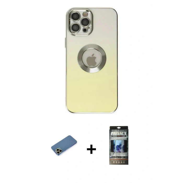 MARSİLYAN™- iPhone 12 Pro Kılıf Kutup Yansıma Özel Seri - Siyah 34D Hayalet Izgaralı Cam + Shine Kamera Lens Koruma Cam - GD