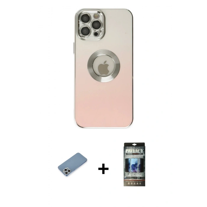 MARSİLYAN™- iPhone 12 Pro Kılıf Kutup Yansıma Özel Seri - Siyah 34D Hayalet Izgaralı Cam + Shine Kamera Lens Koruma Cam - GS