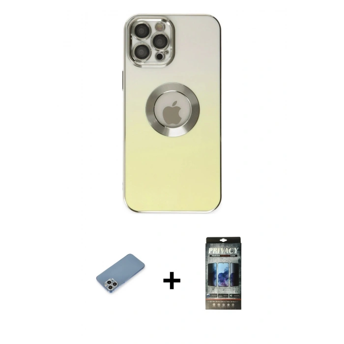 MARSİLYAN™- iPhone 12 Pro Kılıf Kutup Yansıma Özel Seri - Siyah 34D Hayalet Izgaralı Cam + Shine Kamera Lens Koruma Cam - GS