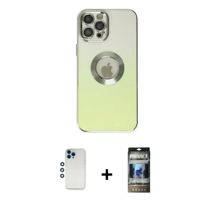 MARSİLYAN™- iPhone 12 Pro Kılıf Kutup Yansıma Özel Seri - Siyah 34D Hayalet Izgaralı Cam + Shine Kamera Lens - MI