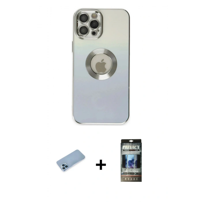 MARSİLYAN™- iPhone 12 Pro Kılıf Kutup Yansıma Özel Seri - Siyah 34D Hayalet Izgaralı Cam + Shine Kamera Lens Koruma Cam - MI