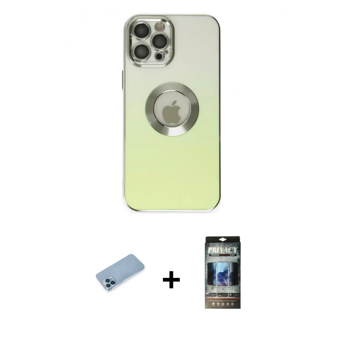 MARSİLYAN™- iPhone 12 Pro Kılıf Kutup Yansıma Özel Seri - Siyah 34D Hayalet Izgaralı Cam + Shine Kamera Lens Koruma Cam - MI