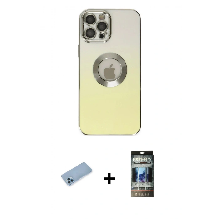 MARSİLYAN™- iPhone 12 Pro Kılıf Kutup Yansıma Özel Seri - Siyah 34D Hayalet Izgaralı Cam + Shine Kamera Lens Koruma Cam - MI