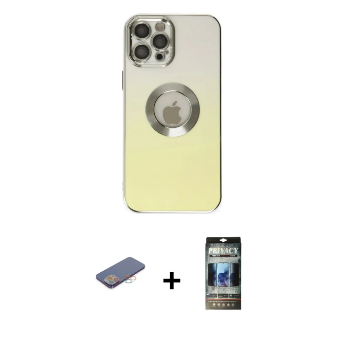 MARSİLYAN™- iPhone 12 Pro Kılıf Kutup Yansıma Özel Seri - Siyah 34D Hayalet Izgaralı Cam + Renkli Kamera Lens Koruma Cam - PE