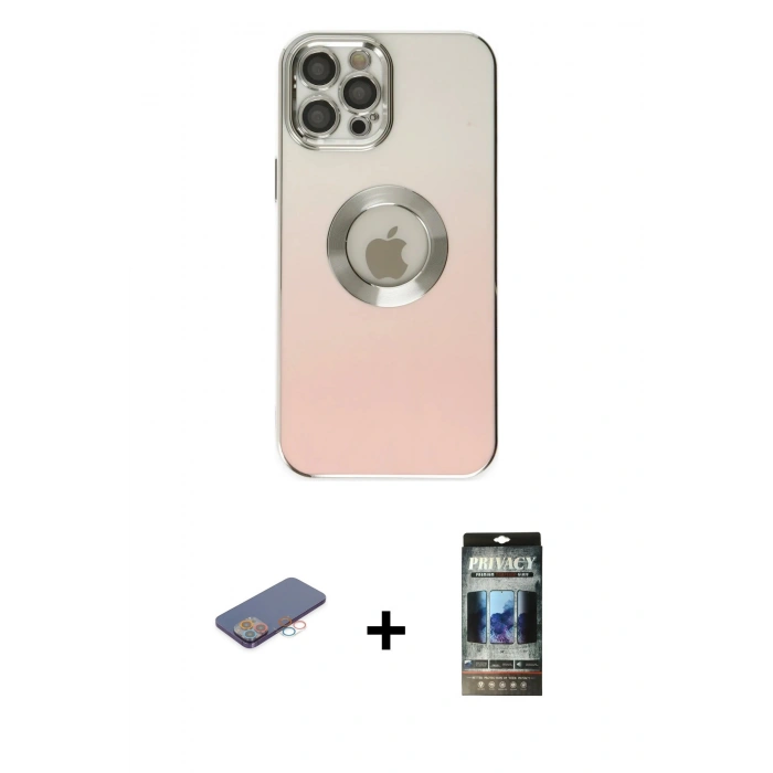 MARSİLYAN™- iPhone 12 Pro Kılıf Kutup Yansıma Özel Seri - Siyah 34D Hayalet Izgaralı Cam + Renkli Kamera Lens Koruma Cam - PE