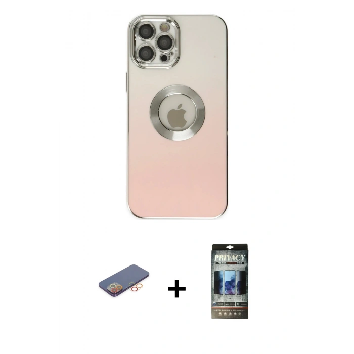 MARSİLYAN™- iPhone 12 Pro Kılıf Kutup Yansıma Özel Seri - Siyah 34D Hayalet Izgaralı Cam + Renkli Kamera Lens Koruma Cam - TU