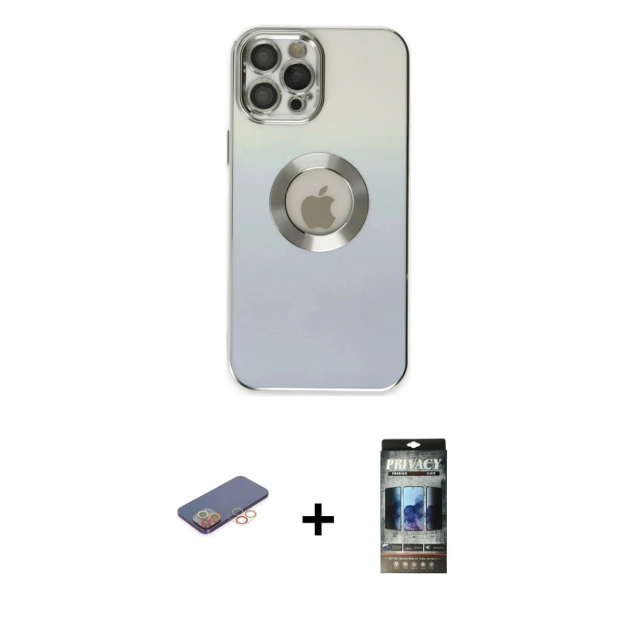 MARSİLYAN™- iPhone 12 Pro Kılıf Kutup Yansıma Özel Seri - Siyah 34D Hayalet Izgaralı Cam + Renkli Kamera Lens Koruma Cam - TU