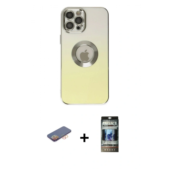 MARSİLYAN™- iPhone 12 Pro Kılıf Kutup Yansıma Özel Seri - Siyah 34D Hayalet Izgaralı Cam + Renkli Kamera Lens Koruma Cam - TU