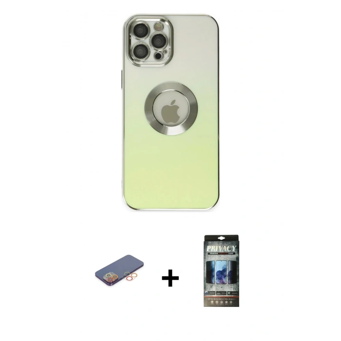 MARSİLYAN™- iPhone 12 Pro Kılıf Kutup Yansıma Özel Seri - Siyah 34D Hayalet Izgaralı Cam + Renkli Kamera Lens Koruma Cam - TU