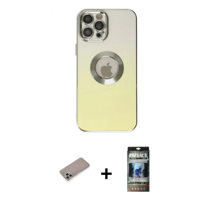 MARSİLYAN™- iPhone 12 Pro Kılıf Kutup Yansıma Özel Seri - Siyah 34D Hayalet Izgaralı Cam + Shine Kamera Lens Koruma Cam - SABE