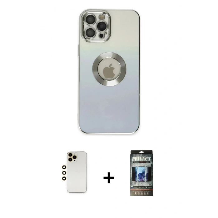 MARSİLYAN™- iPhone 12 Pro Kılıf Kutup Yansıma Özel Seri - Siyah 34D Hayalet Izgaralı Cam + Shine Kamera Lens - GD