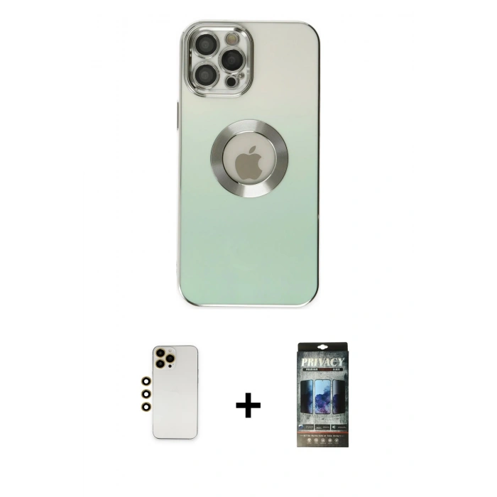 MARSİLYAN™- iPhone 12 Pro Kılıf Kutup Yansıma Özel Seri - Siyah 34D Hayalet Izgaralı Cam + Shine Kamera Lens - GD