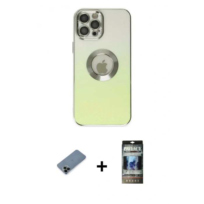 MARSİLYAN™- iPhone 12 Pro Kılıf Kutup Yansıma Özel Seri - Siyah 34D Hayalet Izgaralı Cam + Shine Kamera Lens Koruma Cam - SH