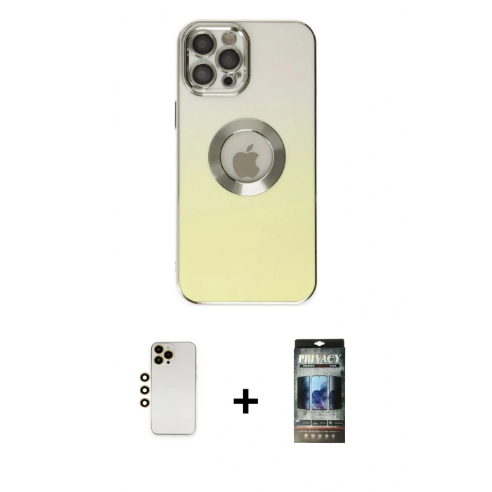 MARSİLYAN™- iPhone 12 Pro Kılıf Kutup Yansıma Özel Seri - Siyah 34D Hayalet Izgaralı Cam + Shine Kamera Lens - GD