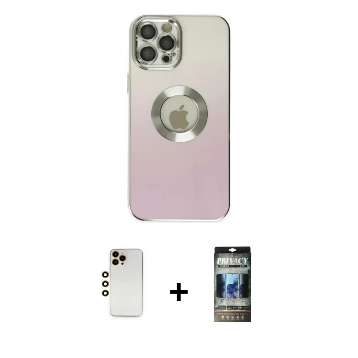 MARSİLYAN™- iPhone 12 Pro Kılıf Kutup Yansıma Özel Seri - Siyah 34D Hayalet Izgaralı Cam + Shine Kamera Lens - GD