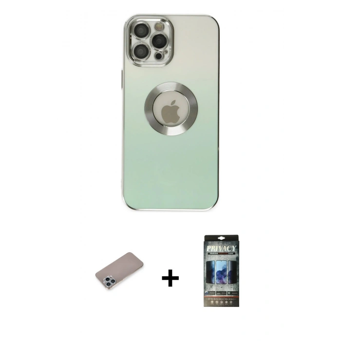 MARSİLYAN™- iPhone 12 Pro Kılıf Kutup Yansıma Özel Seri - Siyah 34D Hayalet Izgaralı Cam + Shine Kamera Lens Koruma Cam - SABE