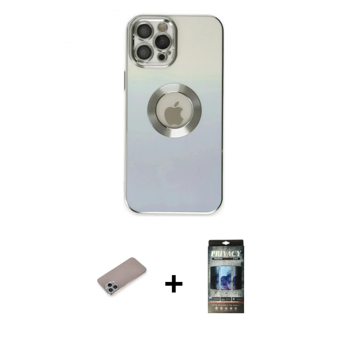 MARSİLYAN™- iPhone 12 Pro Kılıf Kutup Yansıma Özel Seri - Siyah 34D Hayalet Izgaralı Cam + Shine Kamera Lens Koruma Cam - SABE