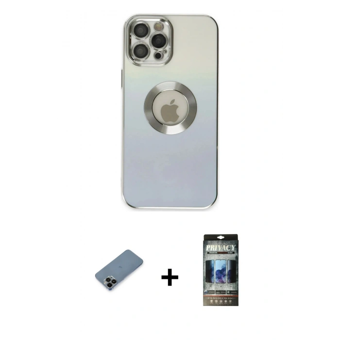 MARSİLYAN™- iPhone 12 Pro Kılıf Kutup Yansıma Özel Seri - Siyah 34D Hayalet Izgaralı Cam + Shine Kamera Lens Koruma Cam - SH