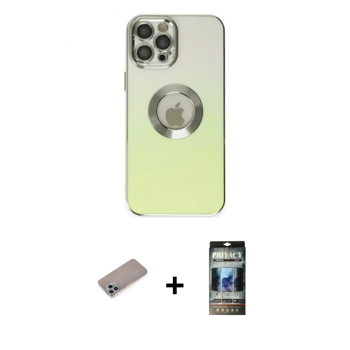 MARSİLYAN™- iPhone 12 Pro Kılıf Kutup Yansıma Özel Seri - Siyah 34D Hayalet Izgaralı Cam + Shine Kamera Lens Koruma Cam - SABE