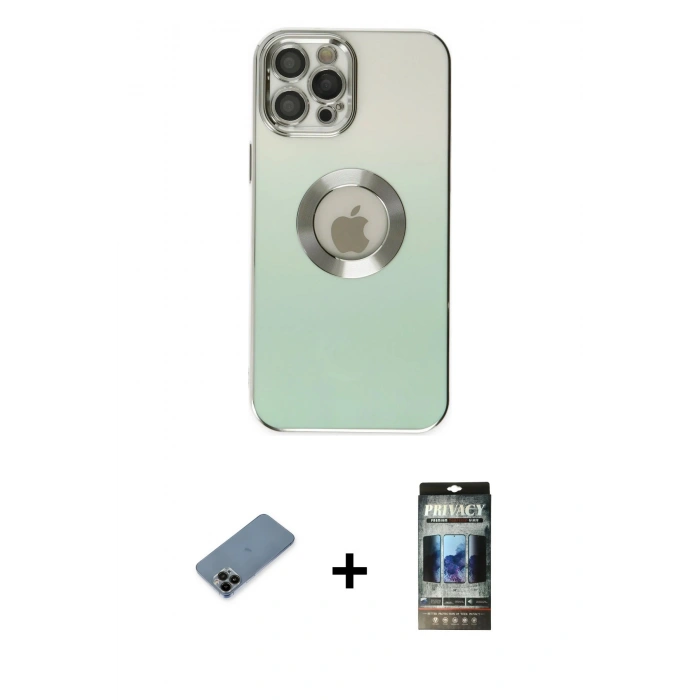 MARSİLYAN™- iPhone 12 Pro Kılıf Kutup Yansıma Özel Seri - Siyah 34D Hayalet Izgaralı Cam + Shine Kamera Lens Koruma Cam - SH