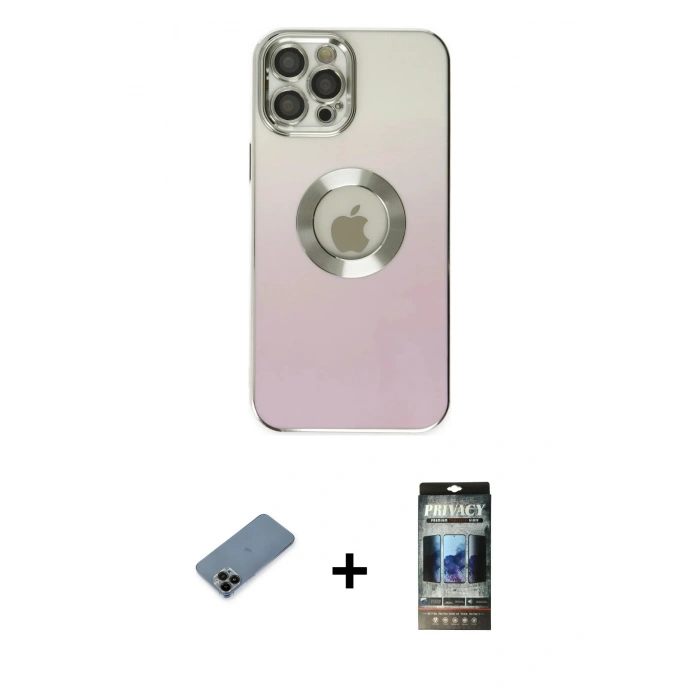 MARSİLYAN™- iPhone 12 Pro Kılıf Kutup Yansıma Özel Seri - Siyah 34D Hayalet Izgaralı Cam + Shine Kamera Lens Koruma Cam - SH