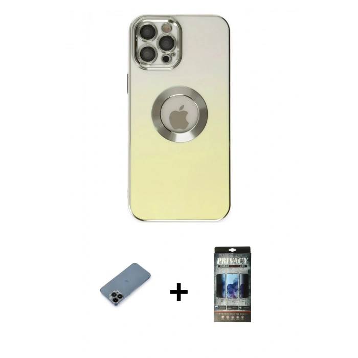 MARSİLYAN™- iPhone 12 Pro Kılıf Kutup Yansıma Özel Seri - Siyah 34D Hayalet Izgaralı Cam + Shine Kamera Lens Koruma Cam - SH