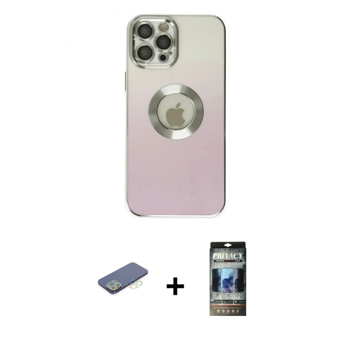 MARSİLYAN™- iPhone 12 Pro Kılıf Kutup Yansıma Özel Seri - Siyah 34D Hayalet Izgaralı Cam + Renkli Kamera Lens Koruma Cam - YL