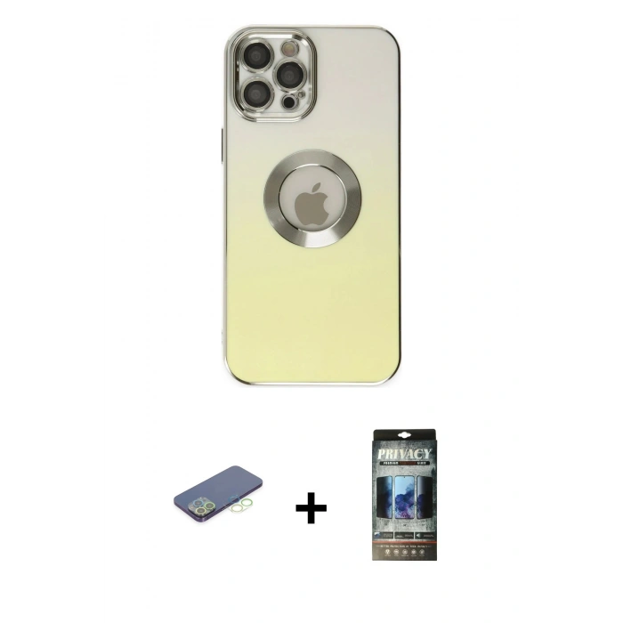 MARSİLYAN™- iPhone 12 Pro Kılıf Kutup Yansıma Özel Seri - Siyah 34D Hayalet Izgaralı Cam + Renkli Kamera Lens Koruma Cam - YL