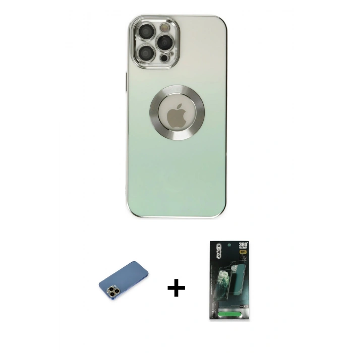 MARSİLYAN™- iPhone 12 Pro Kılıf Kutup Yansıma Özel Seri - Siyah 360 Mat Full Body Arka Koruyucu + Gold Shine Kamera Lens Koruma Cam
