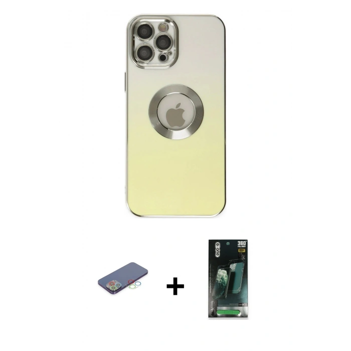 MARSİLYAN™- iPhone 12 Pro Kılıf Kutup Yansıma Özel Seri - Siyah 360 Mat Full Body Arka Koruyucu + Renkli Kamera Lens Koruma Cam - MI