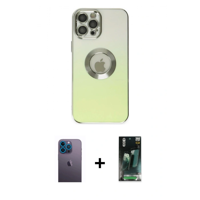 MARSİLYAN™- iPhone 12 Pro Kılıf Kutup Yansıma Özel Seri - Siyah 360 Mat Full Body Arka Koruyucu + Neon Fosforlu Kamera Lens - MI