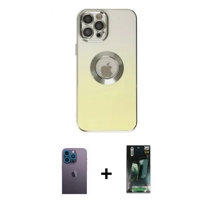 MARSİLYAN™- iPhone 12 Pro Kılıf Kutup Yansıma Özel Seri - Siyah 360 Mat Full Body Arka Koruyucu + Neon Fosforlu Kamera Lens - MI
