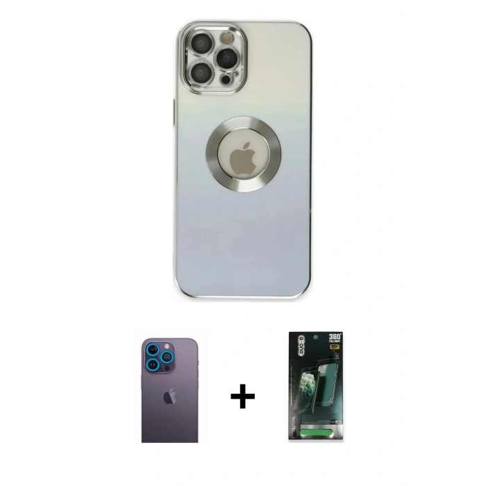 MARSİLYAN™- iPhone 12 Pro Kılıf Kutup Yansıma Özel Seri - Siyah 360 Mat Full Body Arka Koruyucu + Neon Fosforlu Kamera Lens - MI