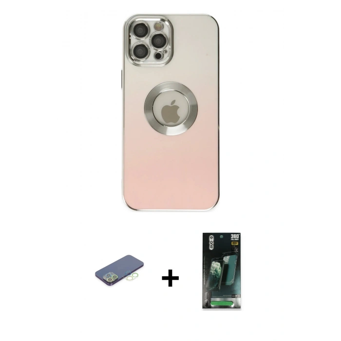 MARSİLYAN™- iPhone 12 Pro Kılıf Kutup Yansıma Özel Seri - Siyah 360 Mat Full Body Arka Koruyucu + Renkli Kamera Lens Koruma Cam - YL
