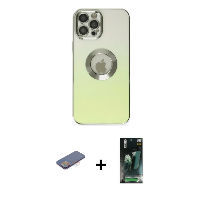 MARSİLYAN™- iPhone 12 Pro Kılıf Kutup Yansıma Özel Seri - Siyah 360 Mat Full Body Arka Koruyucu + Renkli Kamera Lens Koruma Cam - PE