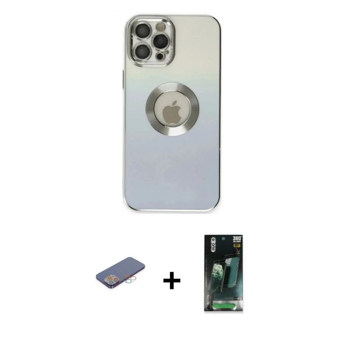 MARSİLYAN™- iPhone 12 Pro Kılıf Kutup Yansıma Özel Seri - Siyah 360 Mat Full Body Arka Koruyucu + Renkli Kamera Lens Koruma Cam - PE