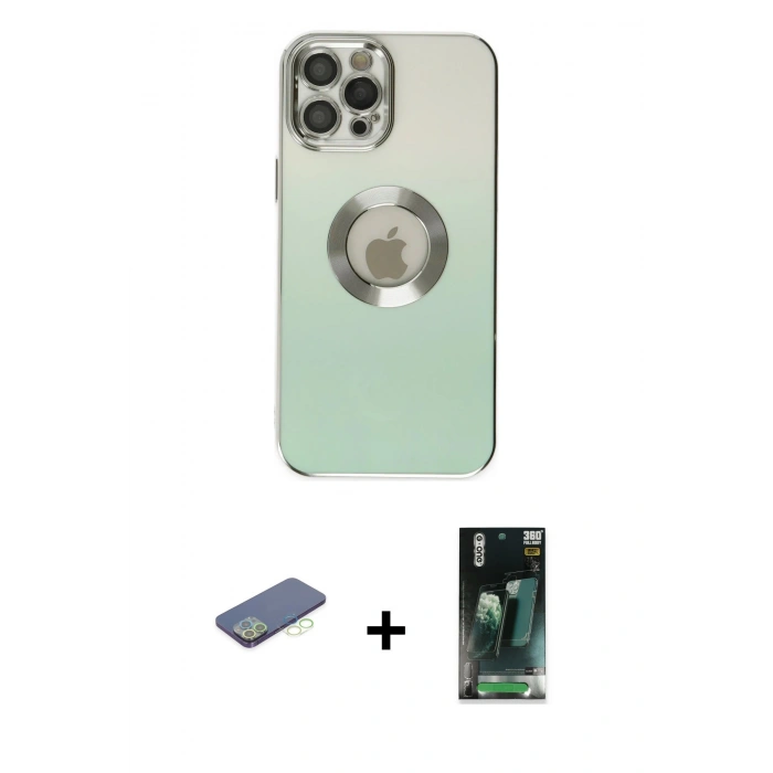 MARSİLYAN™- iPhone 12 Pro Kılıf Kutup Yansıma Özel Seri - Siyah 360 Mat Full Body Arka Koruyucu + Renkli Kamera Lens Koruma Cam - YL