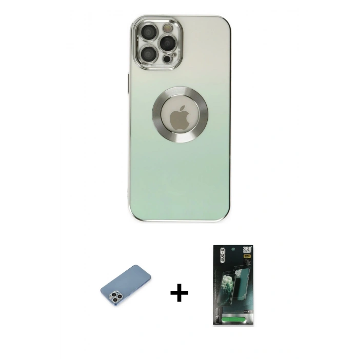MARSİLYAN™- iPhone 12 Pro Kılıf Kutup Yansıma Özel Seri - Siyah 360 Mat Full Body Arka Koruyucu + Shine Kamera Lens Koruma Cam - GS