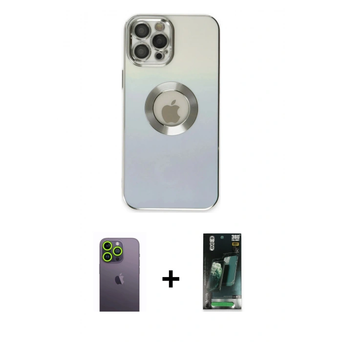 MARSİLYAN™- iPhone 12 Pro Kılıf Kutup Yansıma Özel Seri - Siyah 360 Mat Full Body Arka Koruyucu + Neon Fosforlu Kamera Lens - YL